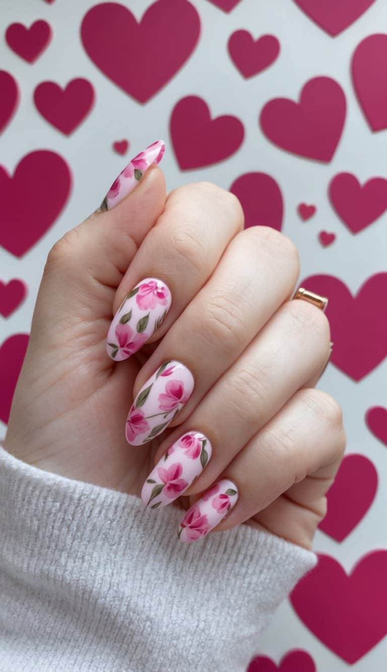 A close-up of pink floral accent nails against a romantic background of hearts and roses