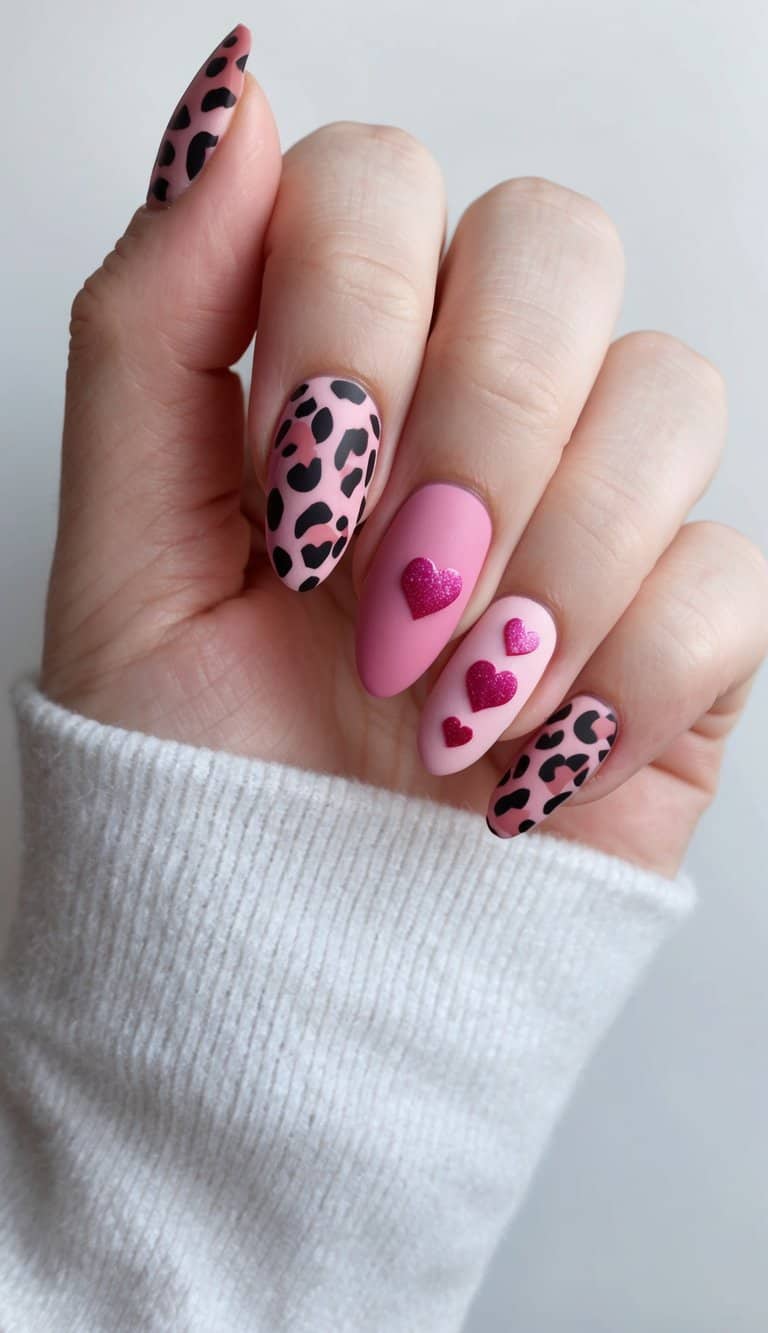 A leopard print nail design in shades of matte pink, with heart accents and romantic Valentine's Day themes