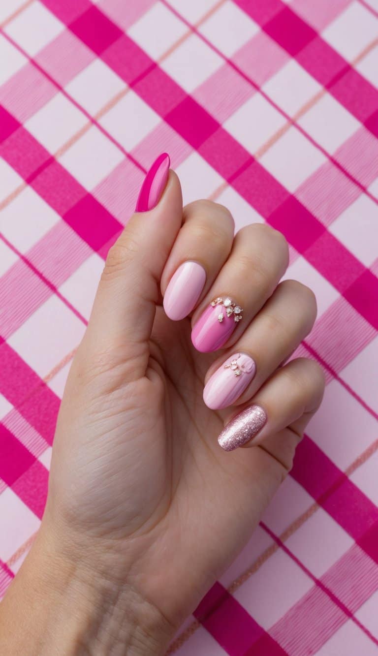 A pink plaid background with blush and fuchsia nails featuring rhinestones and glitter