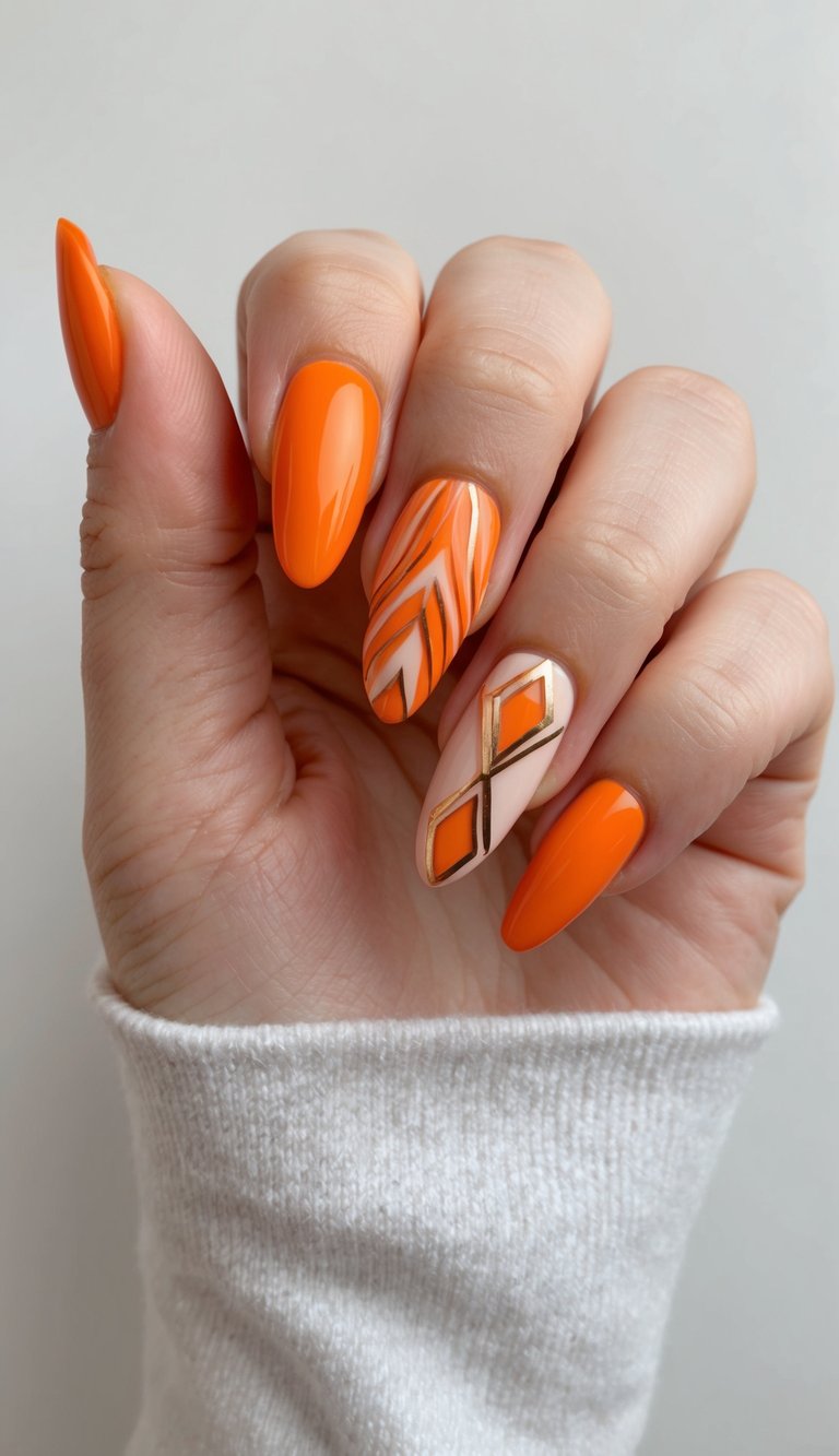 Bright orange manicure with marbled chevron and gold-trimmed diamond shapes on accent nails, combining bold color with graphic details.