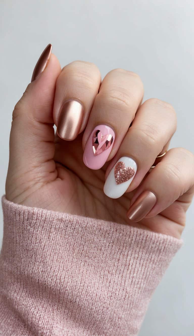 A manicured hand with rose gold and pink nails, adorned with romantic Valentine's-themed nail art designs