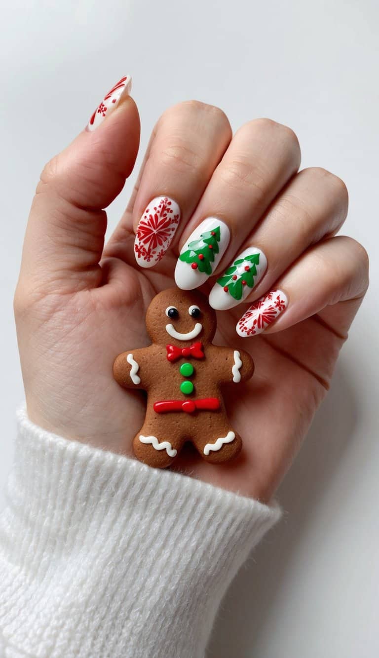 A gingerbread man surrounded by festive Christmas nail art designs