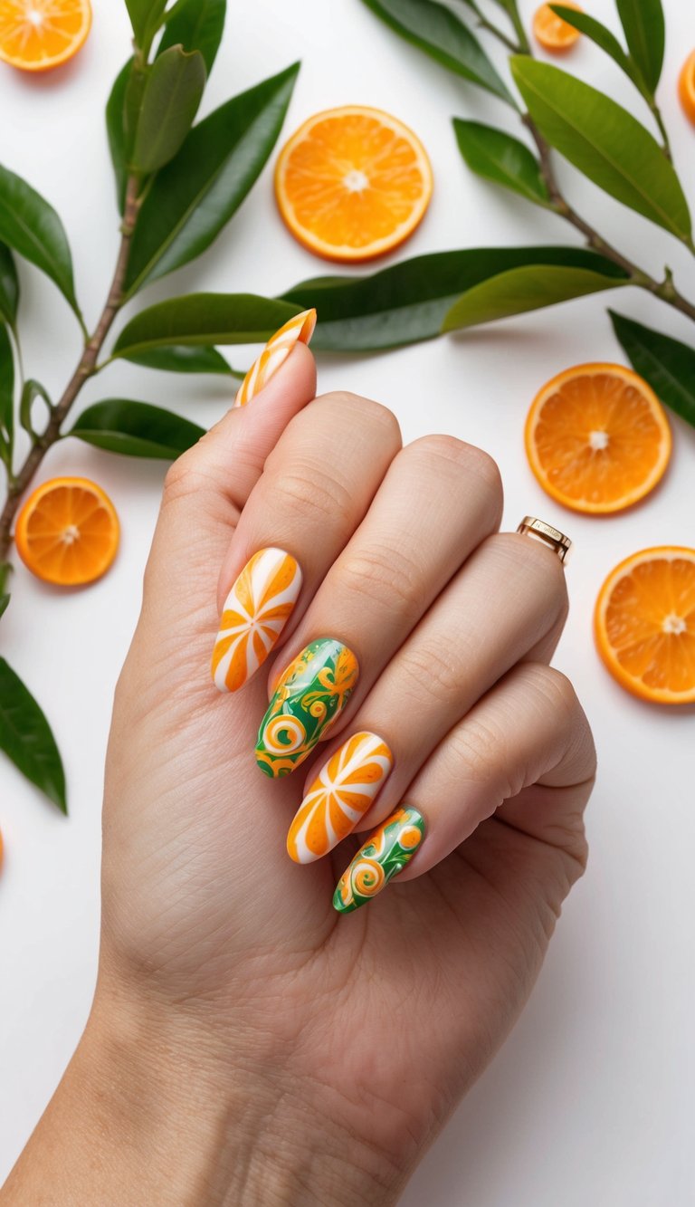 Bright orange and green nail art with orange slice and swirl designs, styled alongside fresh citrus slices and greenery.