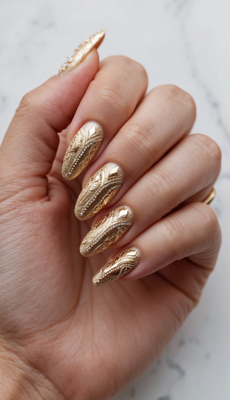 A sparkling gold nail art design with intricate patterns and shimmering accents