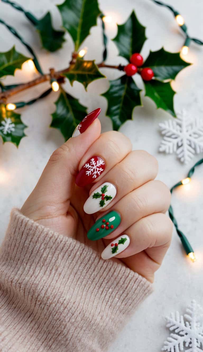 A cozy winter scene with mistletoe, holly, and other festive Christmas nail art designs, set against a backdrop of twinkling lights and snowflakes