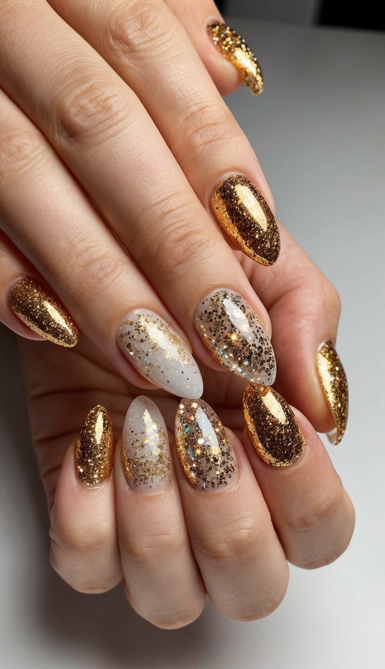 A sparkling gradient of golden glitter nails in various glamorous designs