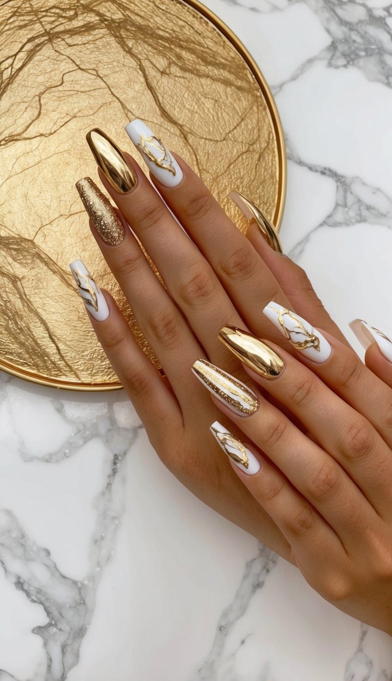 A luxurious gold and white marble background with elegant gold nail art designs displayed in a glamorous and sophisticated manner