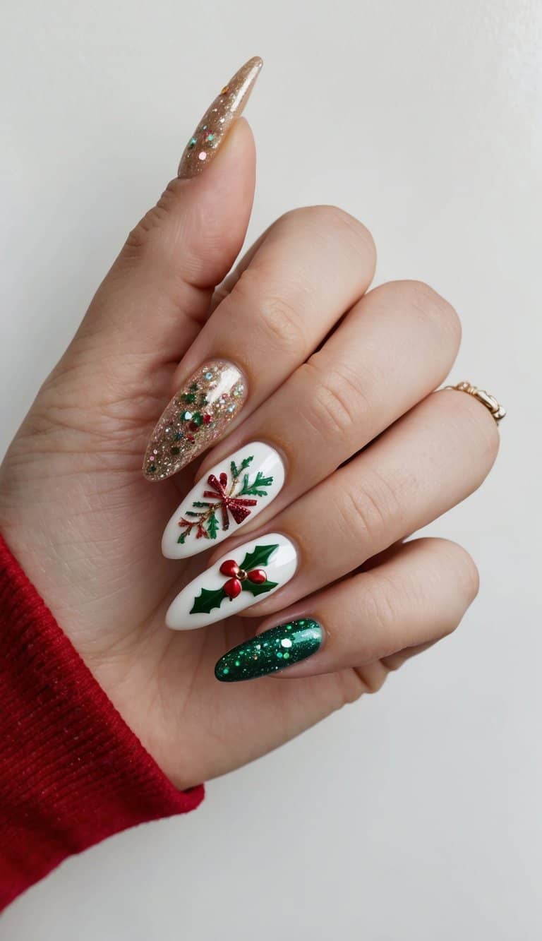 A festive nail art display with various Christmas designs and glittery accents