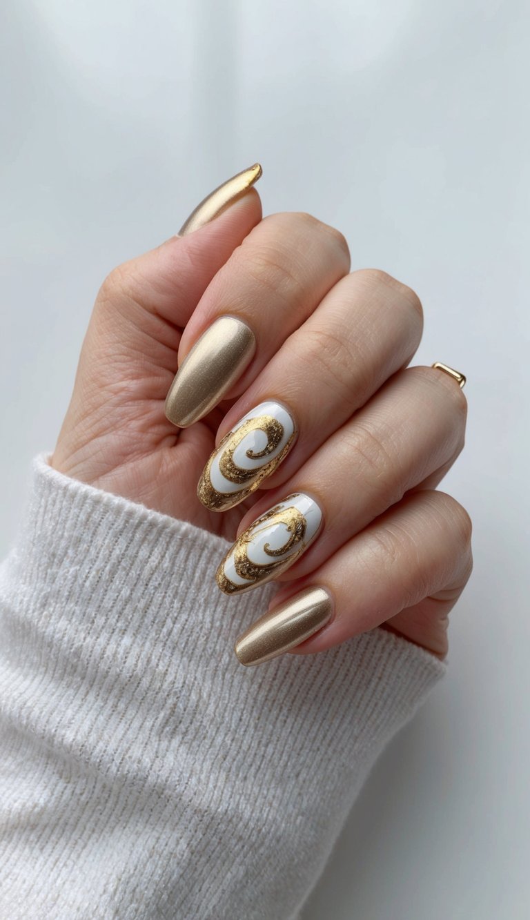 A metallic gold swirl adorns a glamorous nail art design