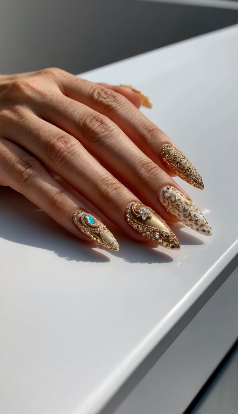 A luxurious display of intricate gold nail art designs on a sleek, modern surface. Sparkling gems and delicate patterns catch the light