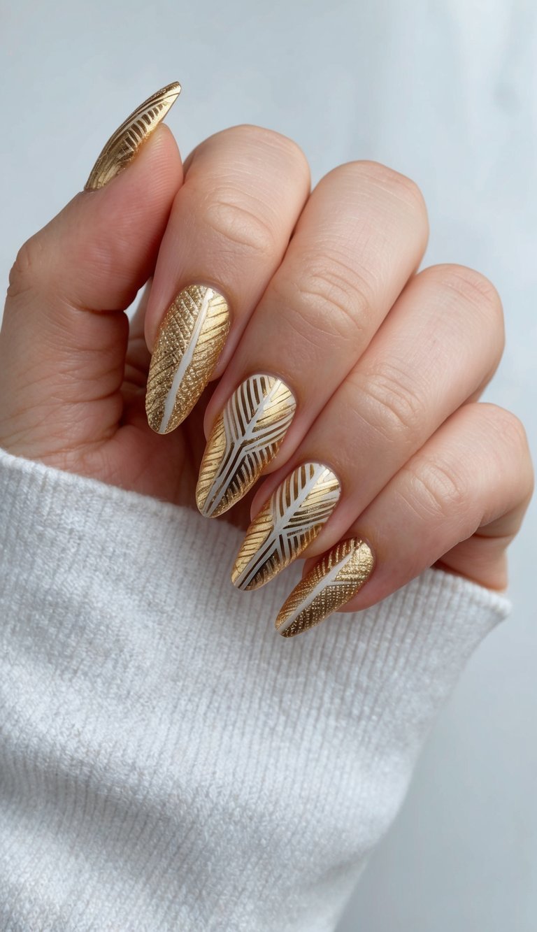 A luxurious gold nail art design with intricate geometric patterns and shimmering accents