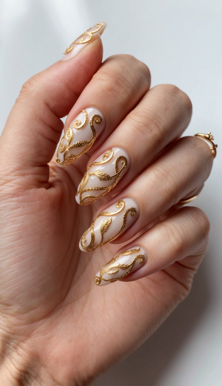 Golden vines swirl and intertwine, creating a glamorous and dazzling nail art design