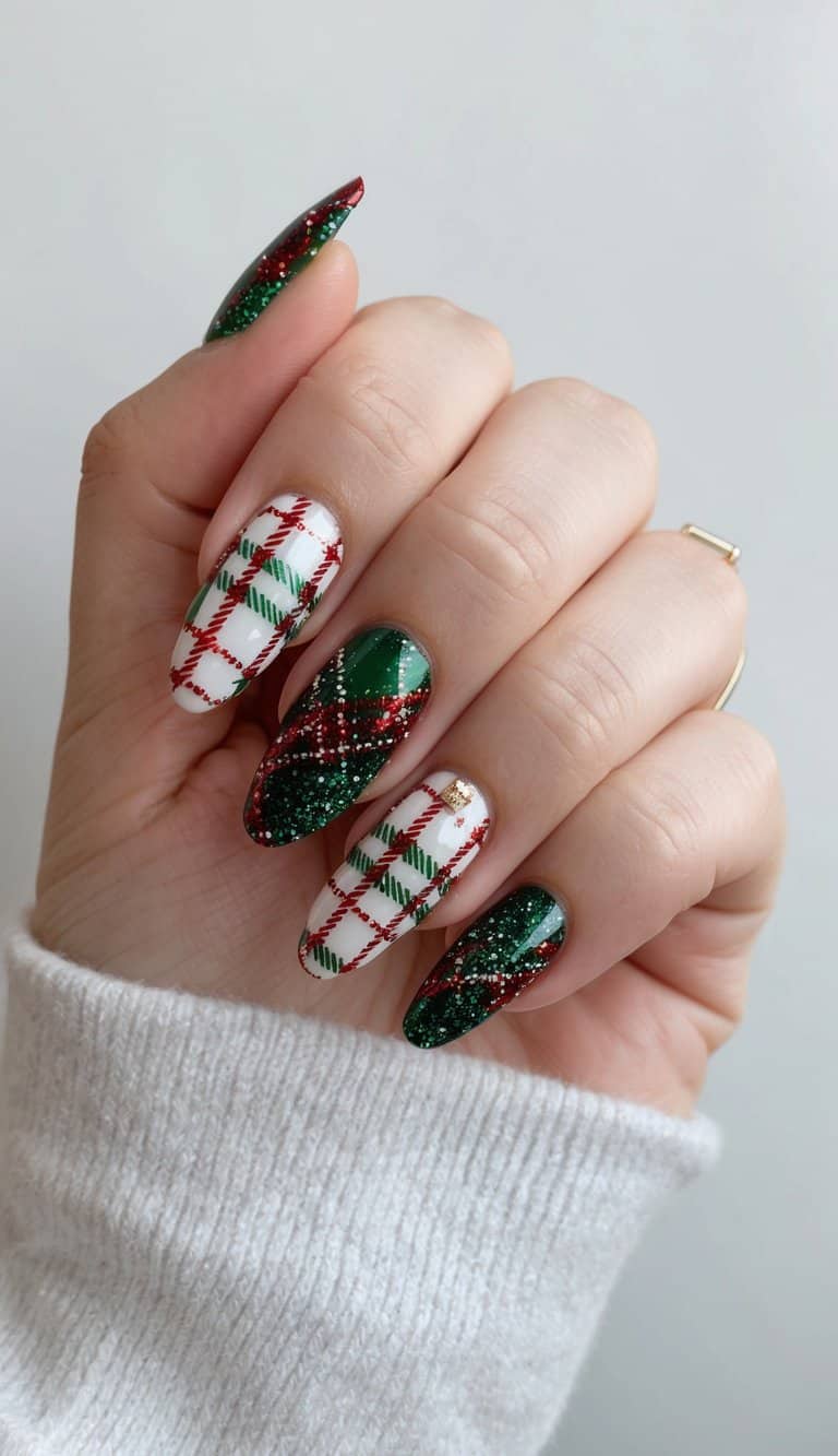 A cozy plaid pattern in red, green, and white adorns festive Christmas nails. Sparkling glitter adds a touch of holiday magic