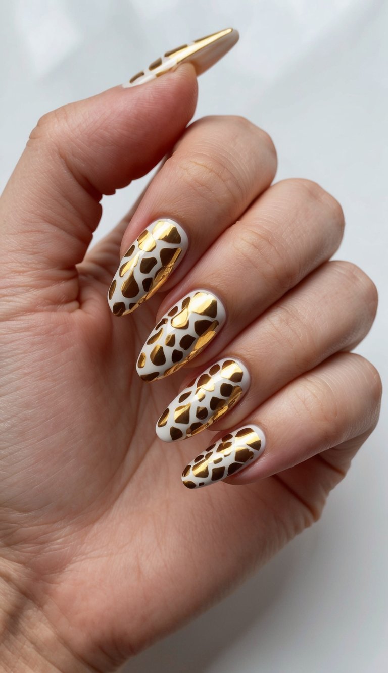 A gold giraffe print nail art design with edgy and glamorous elements