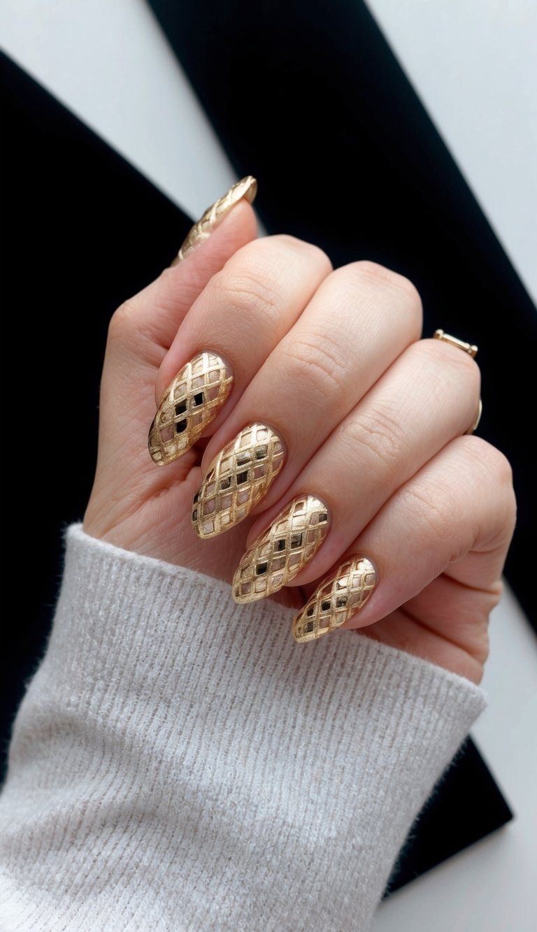 A hand with glamorous gold lattice nail art against a black background