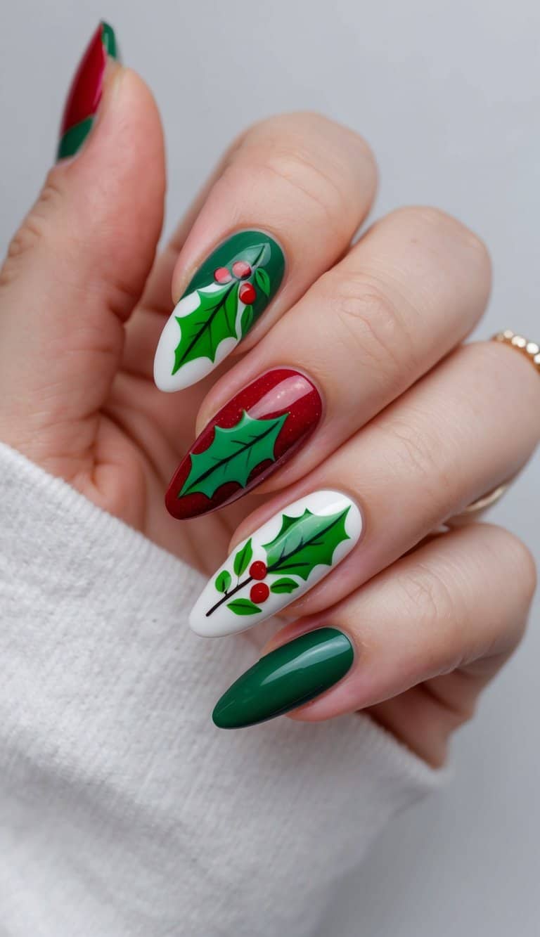 A holly leaf and berry nail art design with festive red and green colors