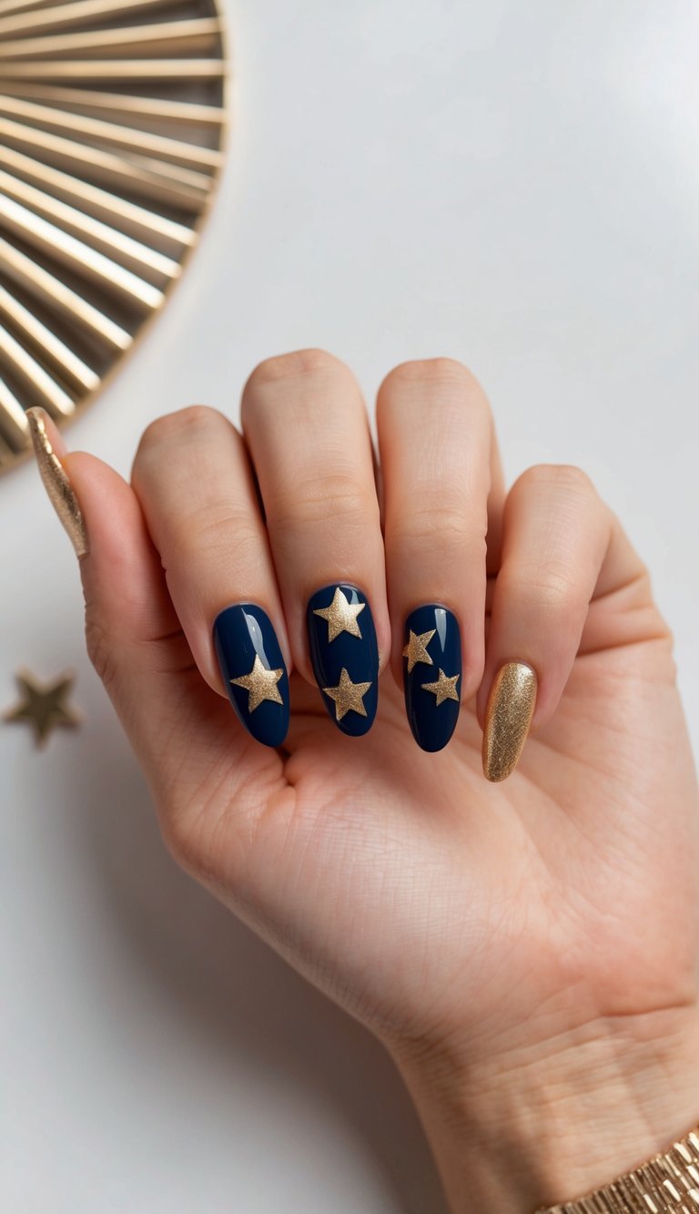 A gold and navy star-themed nail art design on a glamorous background
