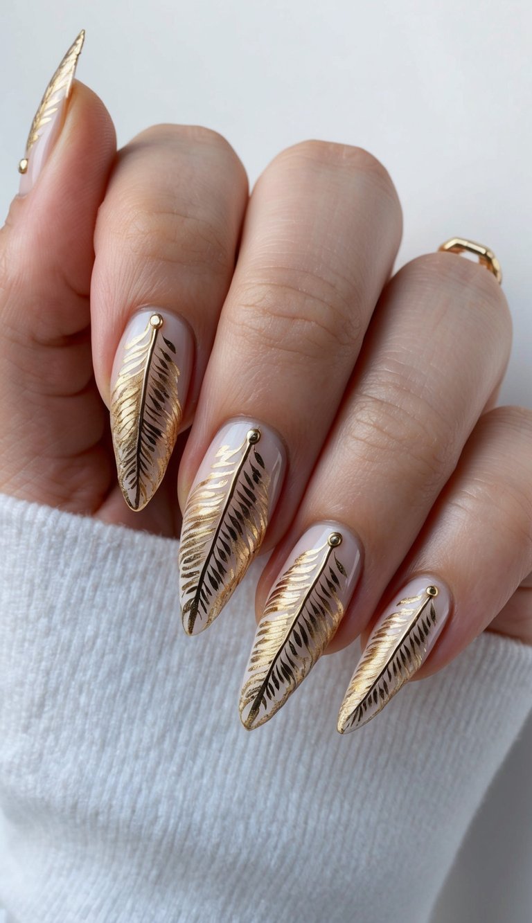 A luxurious gold fern motif nail art design with intricate details and shimmering accents