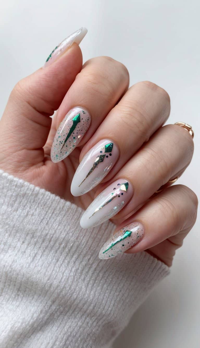 A festive nail art scene with glittery icicle designs and Christmas-themed patterns