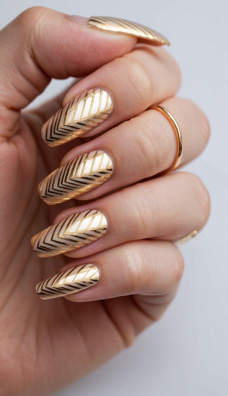 A close-up of glamorous gold nail art designs with elegant gold-lined chevron patterns