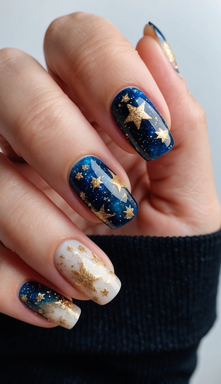 A gold galaxy design with shimmering stars and swirls, set against a dark background