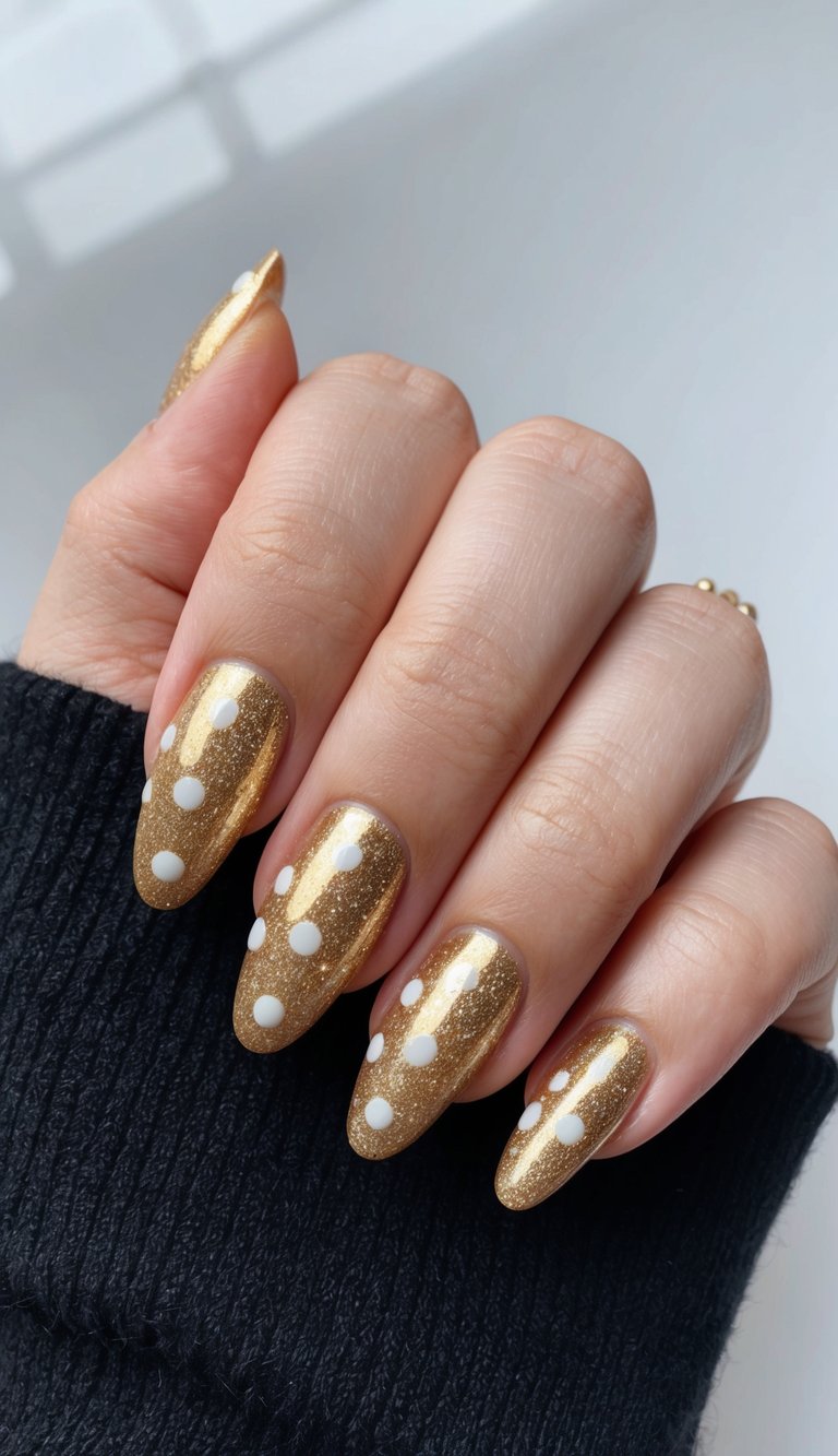 A close-up of glamorous gold nail art with glitzy polka dots on a shiny black background
