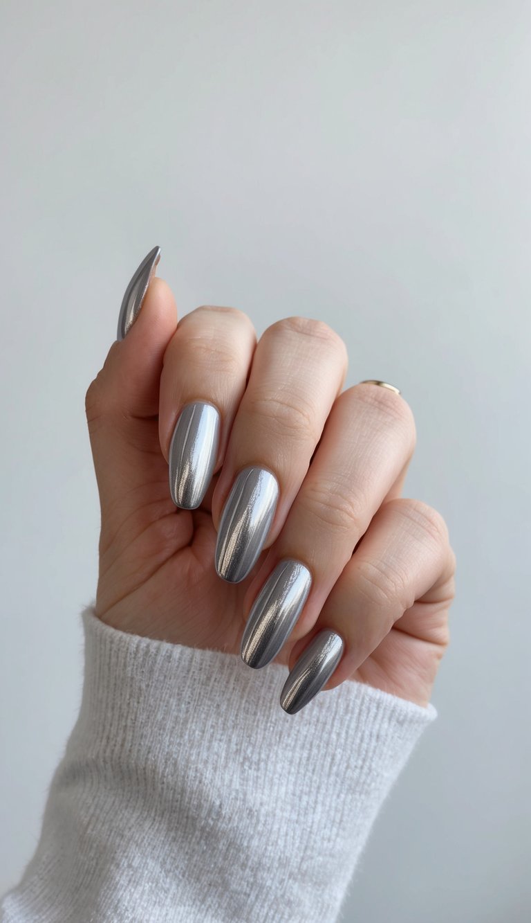 A metallic silver ombré nail design, with sleek and modern patterns, set against a clean, minimalist background