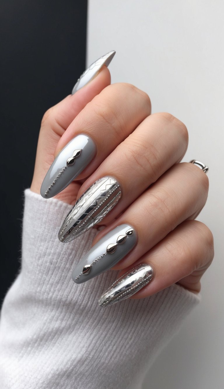 A close-up of sleek silver nail art designs, featuring shimmering metallic accents and intricate patterns, set against a contrasting background