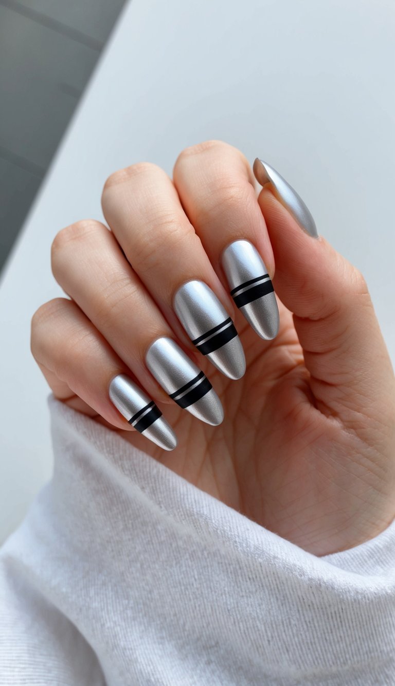 A sleek silver nail art design with bold black stripes on a clean, modern background