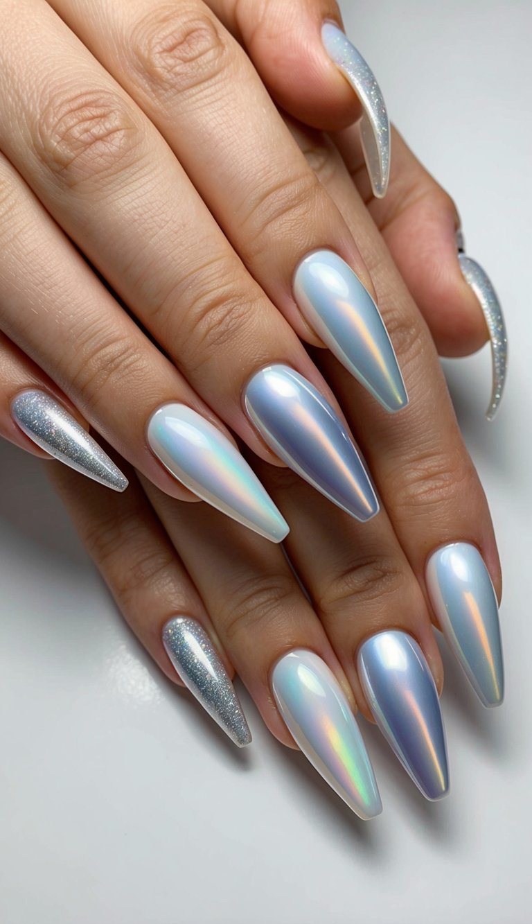 A close-up of opalescent silver-tipped nails in various sleek and stunning designs