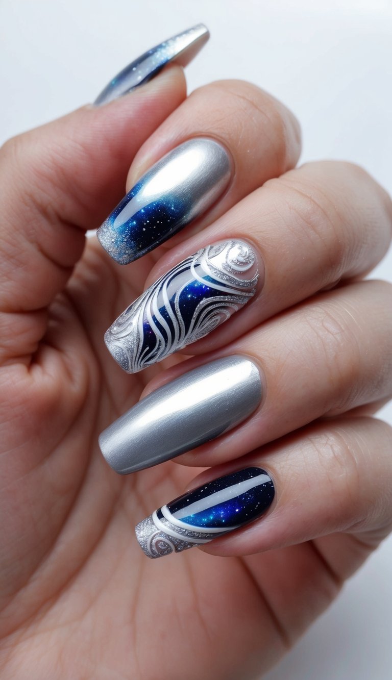 A close-up of sleek silver nail art designs with galaxy swirls and intricate patterns