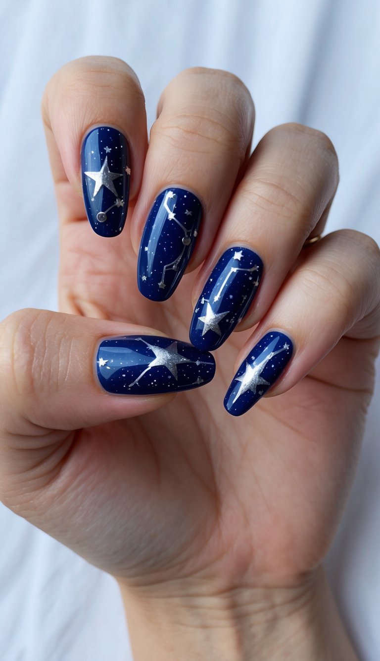 A starry night sky with sleek silver nail art designs shining like constellations