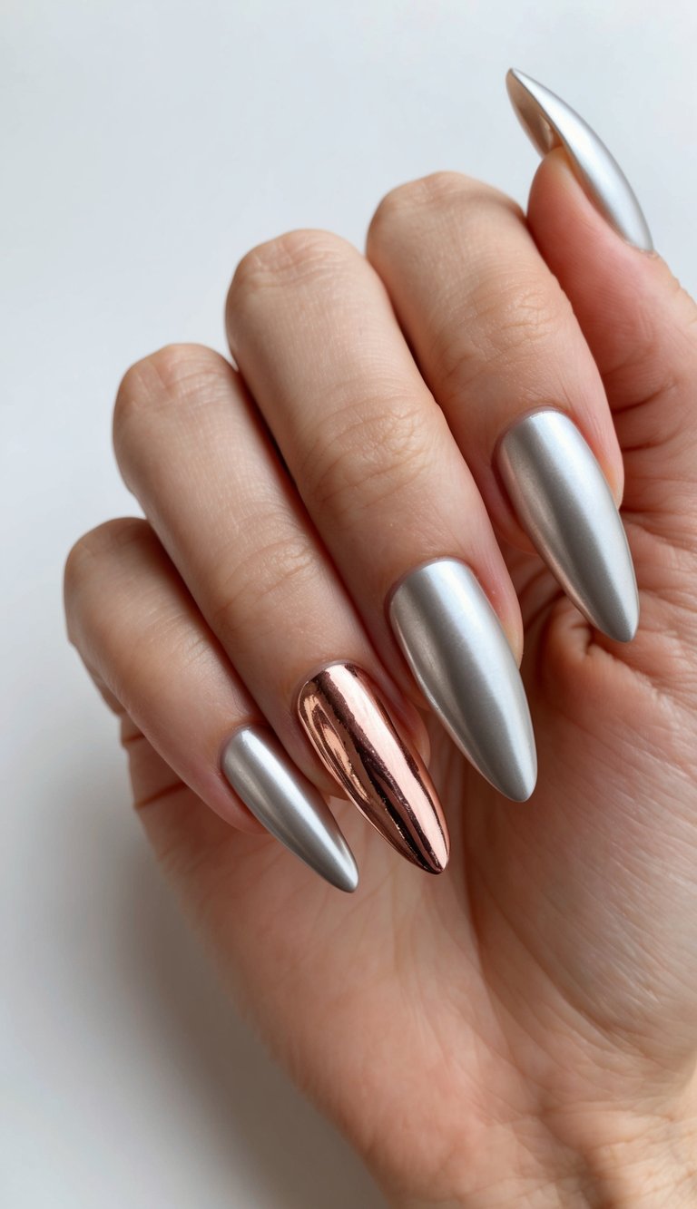 A sleek silver nail adorned with rose gold accents
