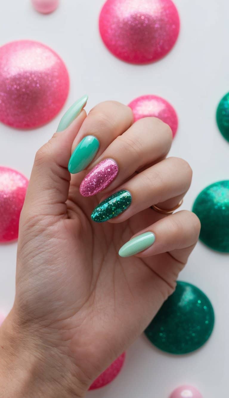 A hand holding a nail with an emerald ombre and pink glitter design, surrounded by various pink and green nail art ideas