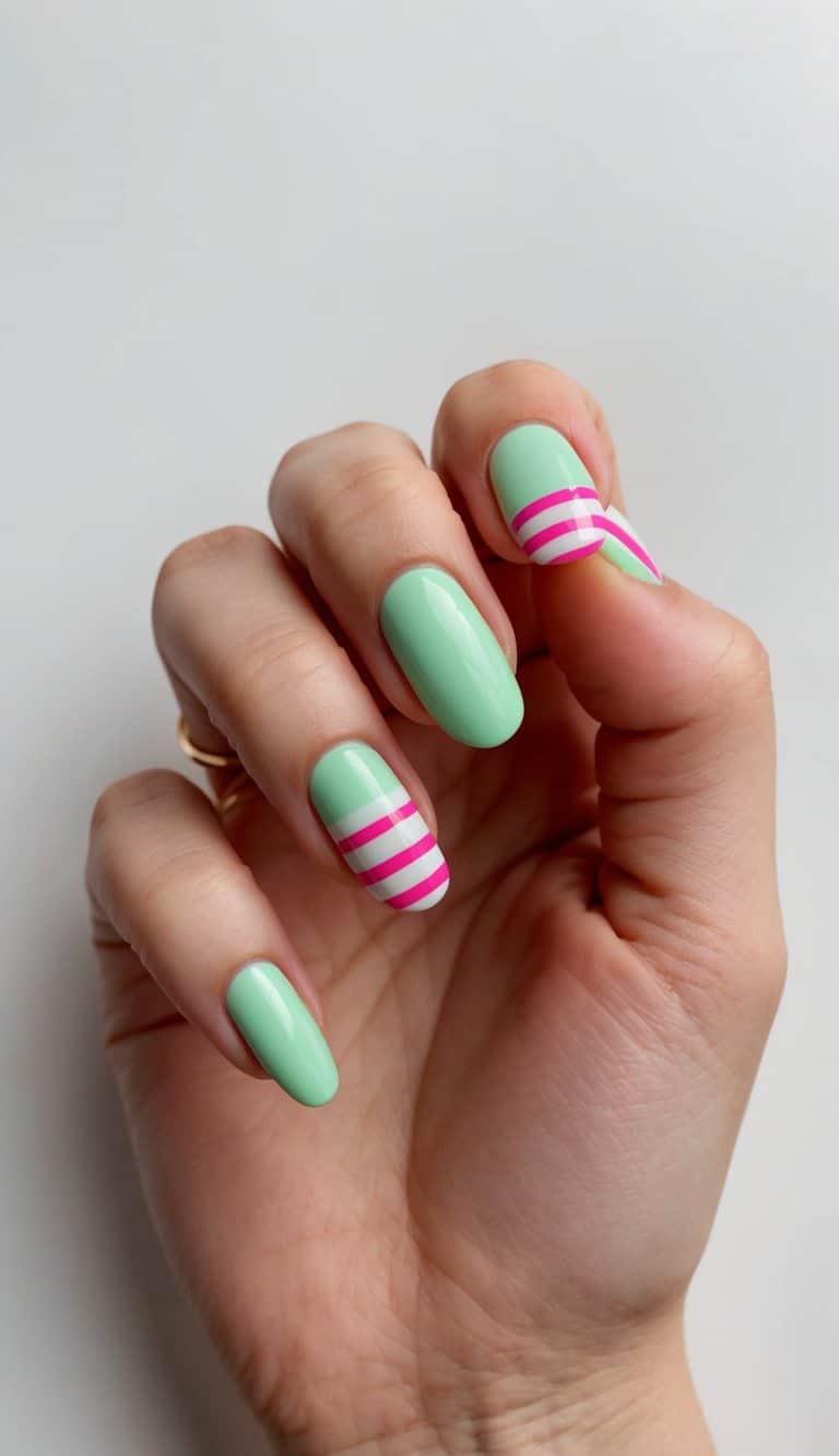 A mint green base with hot pink stripes in a nail art design