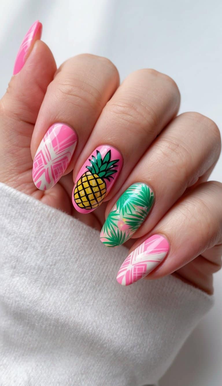 A colorful pineapple nail art design featuring pink and green hues, with intricate patterns and tropical vibes