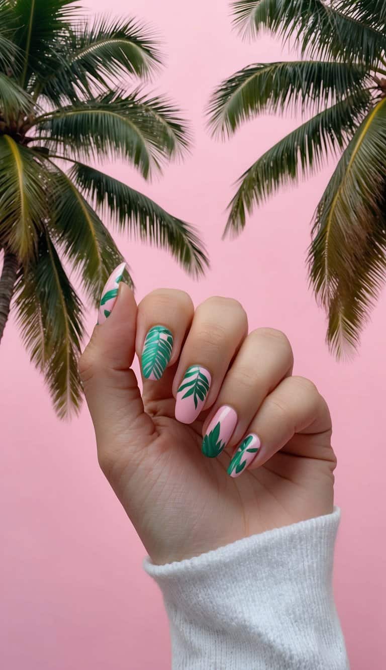 Tropical palm trees against a pink background with pink and green nail art designs