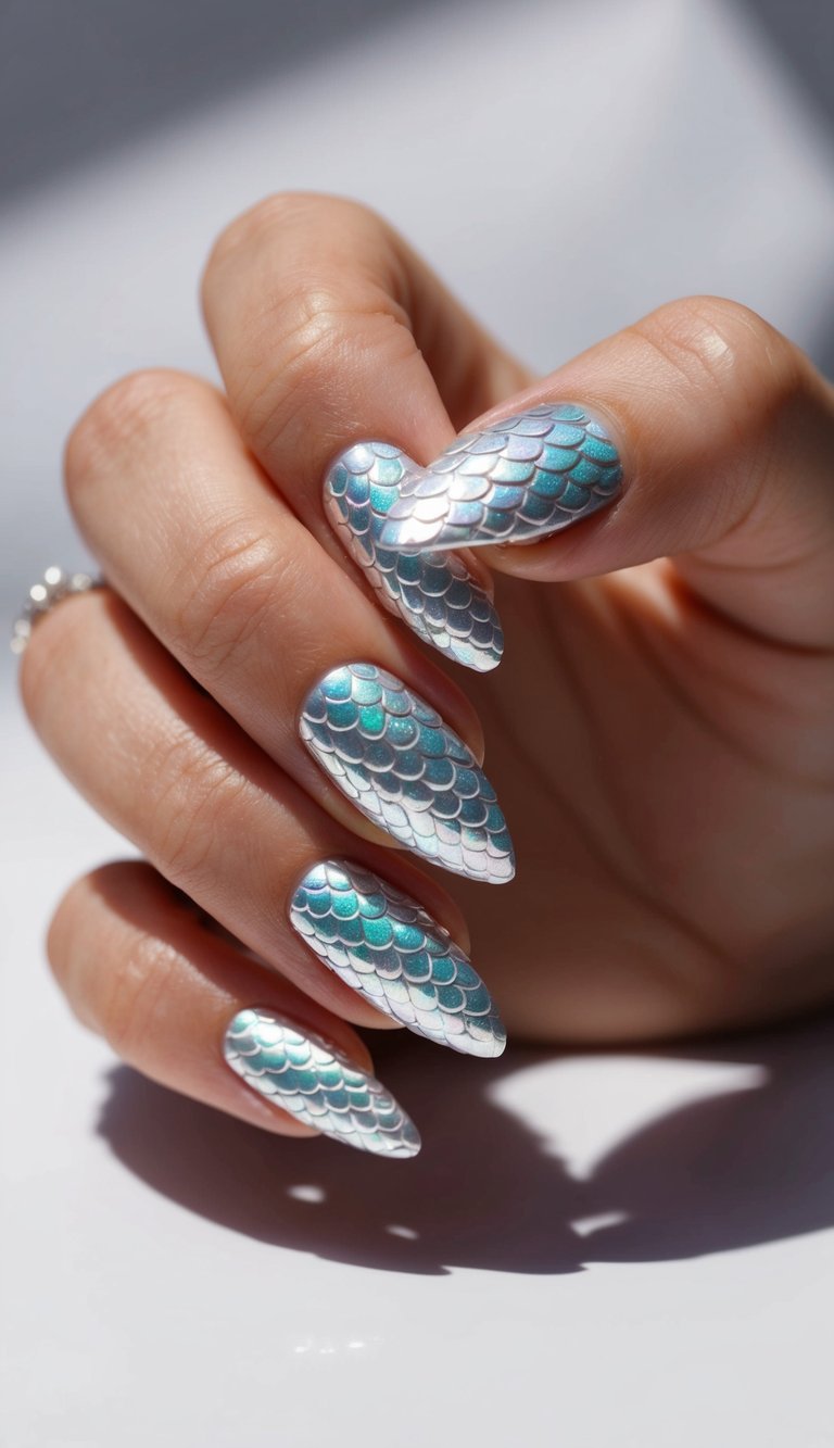 A close-up of sleek silver mermaid scales shimmering under soft lighting