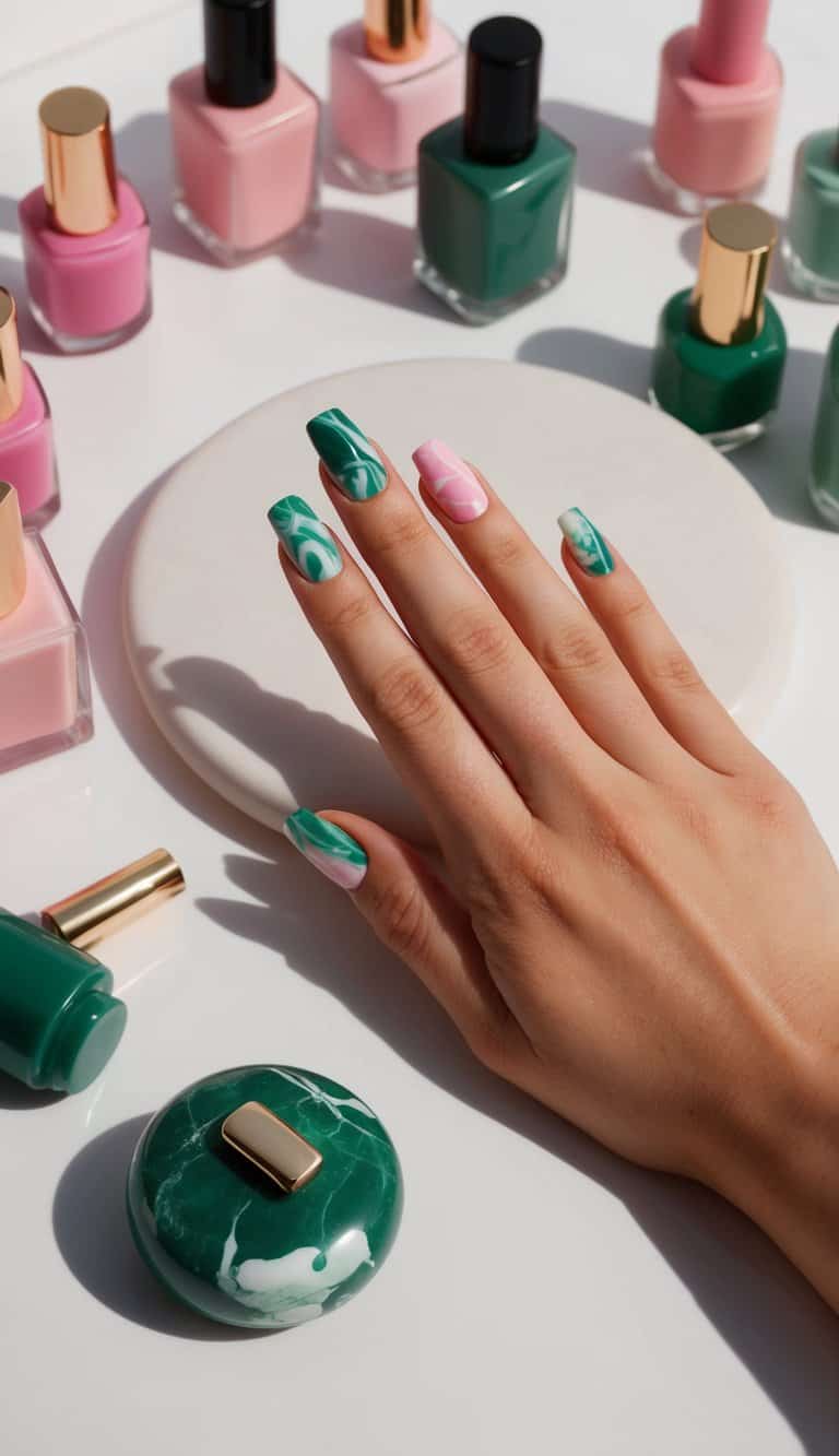 A green marble with pink accents nail art design displayed on a clean, white surface, surrounded by various shades of pink and green nail polish bottles and art supplies