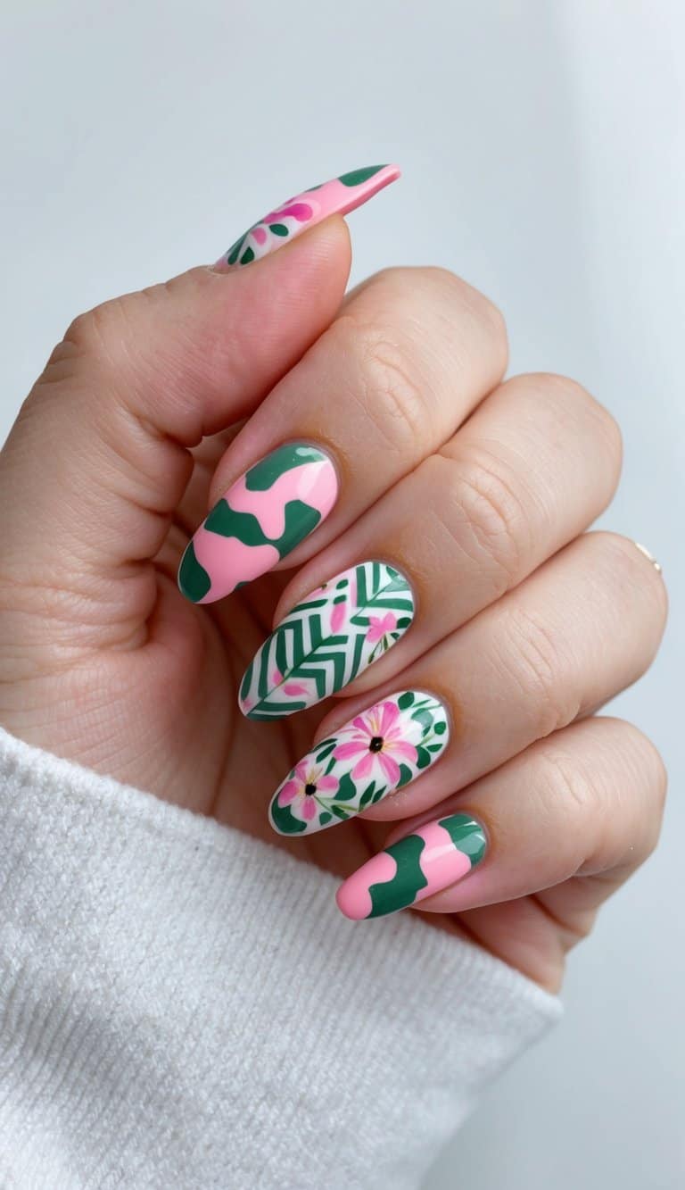 A pink and green camouflage nail art design with intricate patterns and floral accents