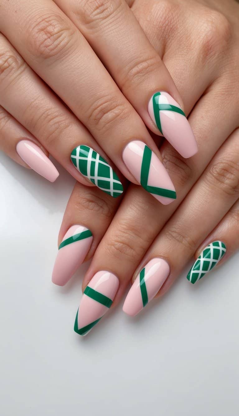Soft pink nails with green geometric lines in various designs