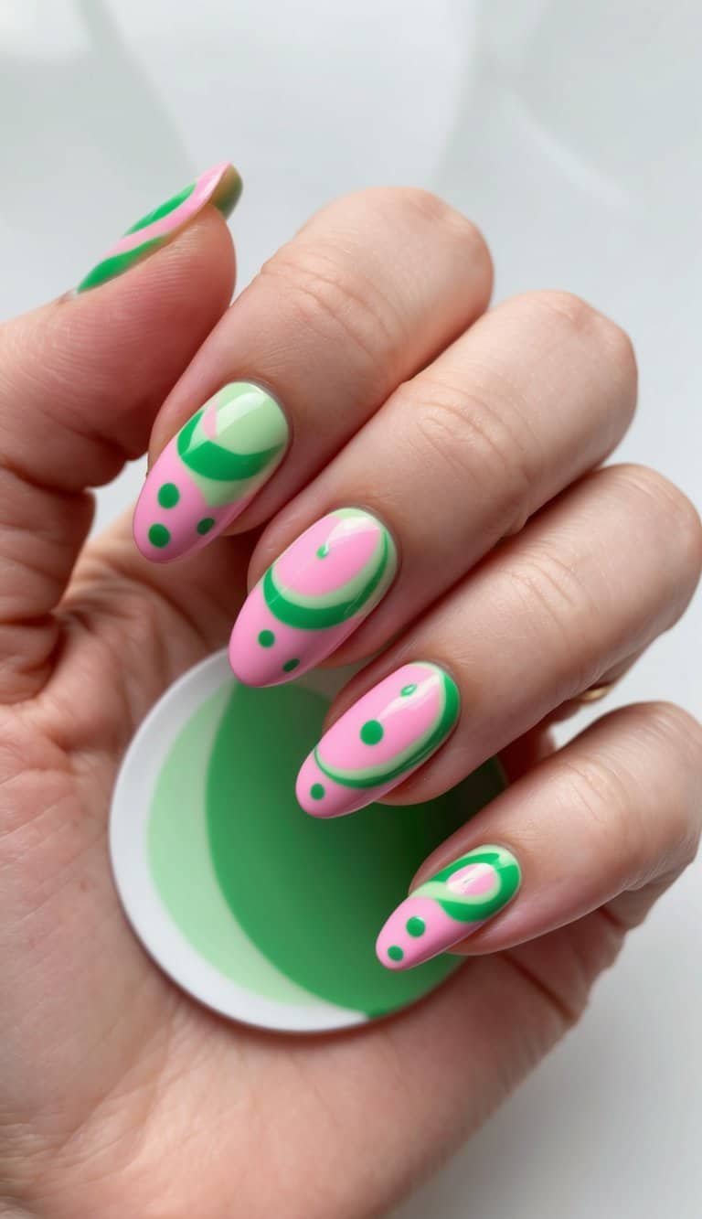 A close-up of green swirls and dots on pink nails