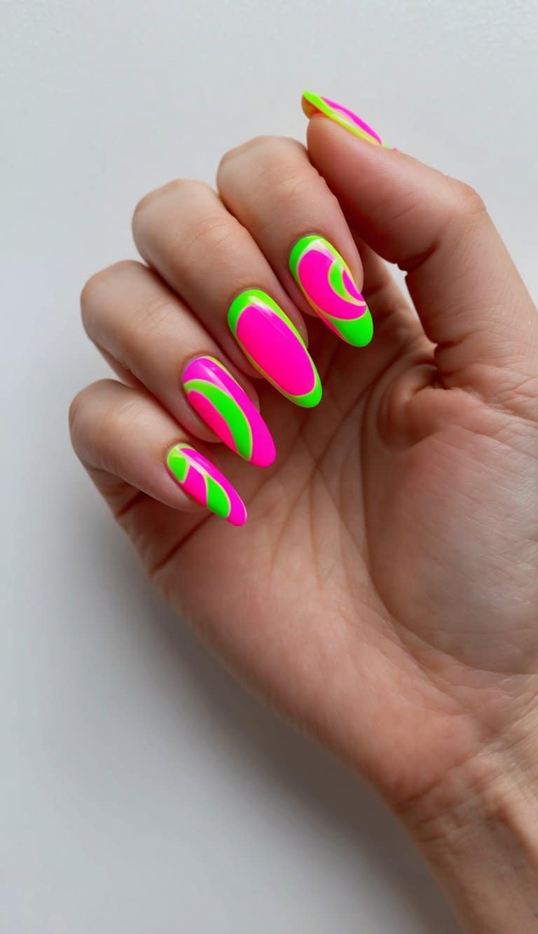Hot pink and neon green swirls on nails, vibrant and eye-catching
