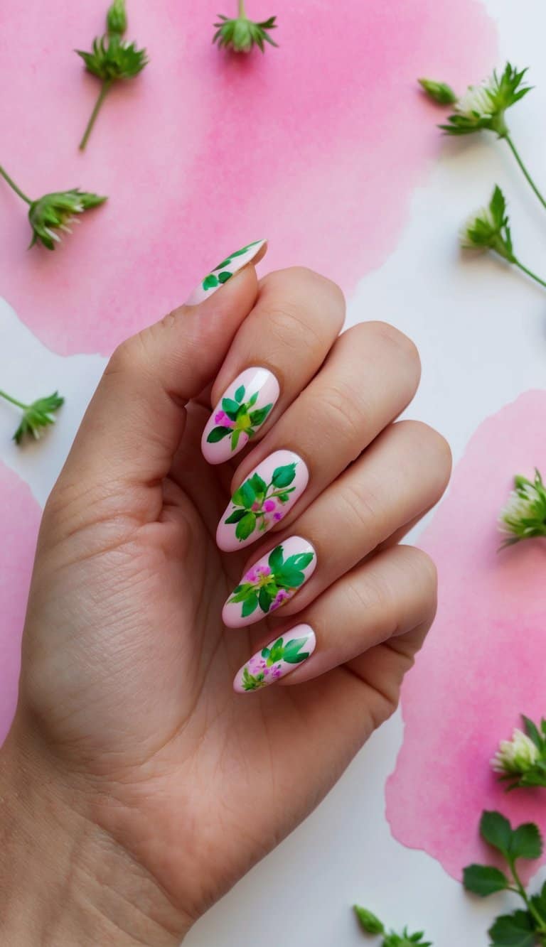 Pink watercolor background with vibrant green florals scattered across