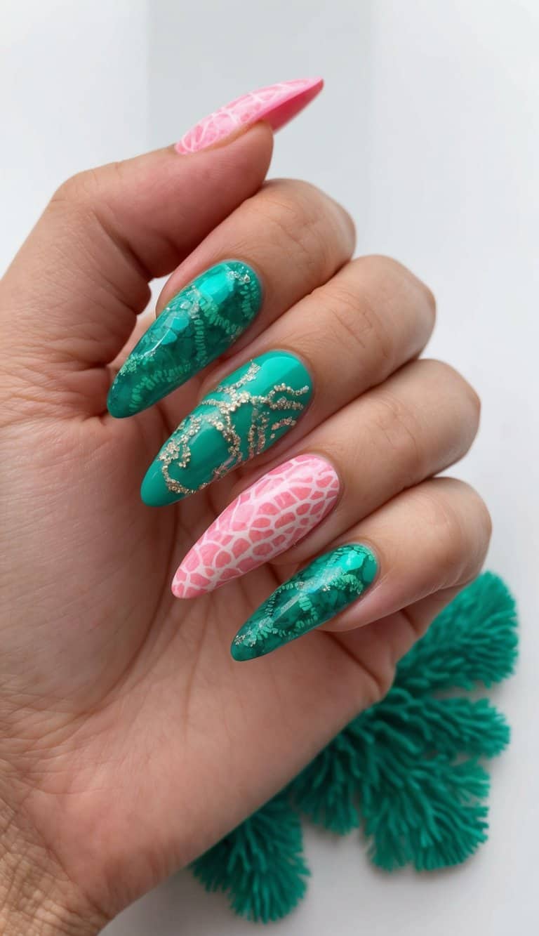 A dreamy coral reef accent nail among teal green nails, bringing the ocean's beauty to your fingertips