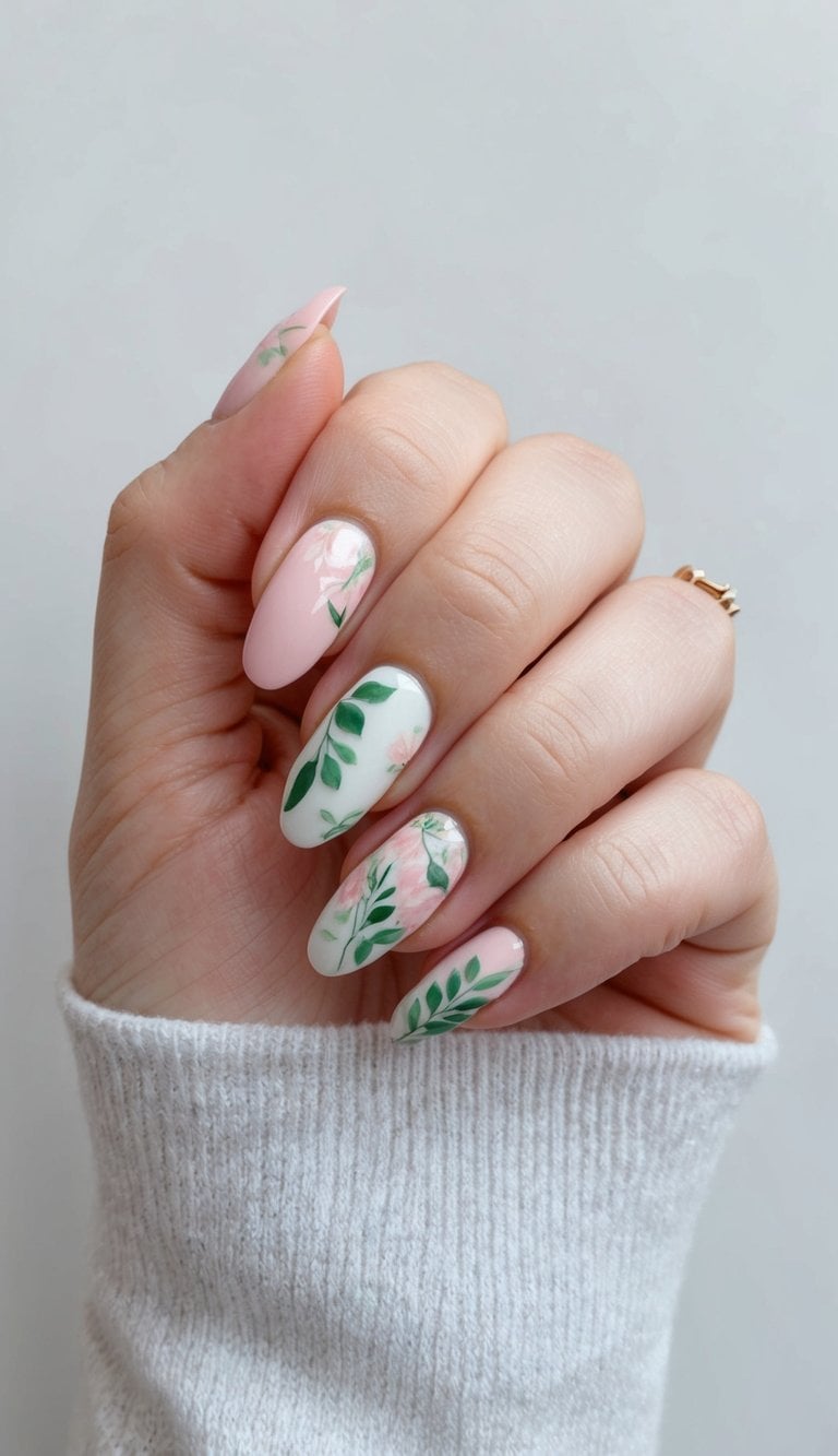 A serene pink and botanical green nail art design featuring delicate floral patterns and abstract shapes