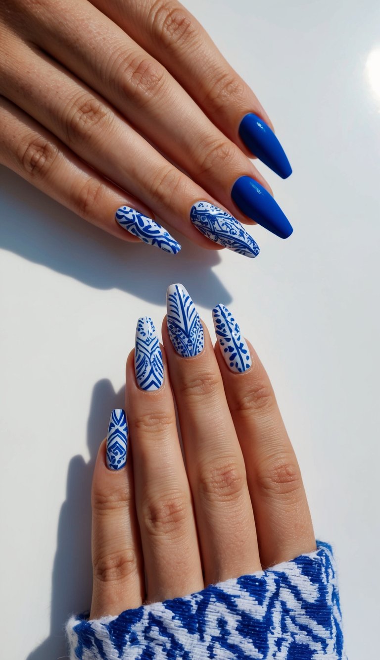 A close-up view of blue and white nail art designs on a clean, manicured surface. Intricate patterns and designs are featured