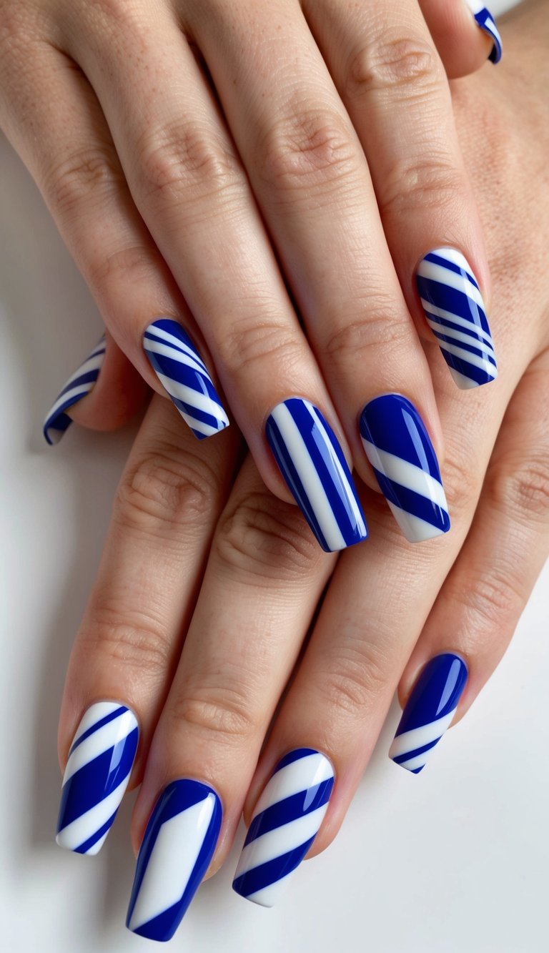 A collection of geometric blue and white nail art designs arranged in a chic and stylish pattern