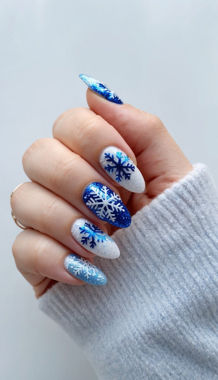 A frosty blue and white nail art design featuring intricate snowflake patterns and shimmering glitter accents