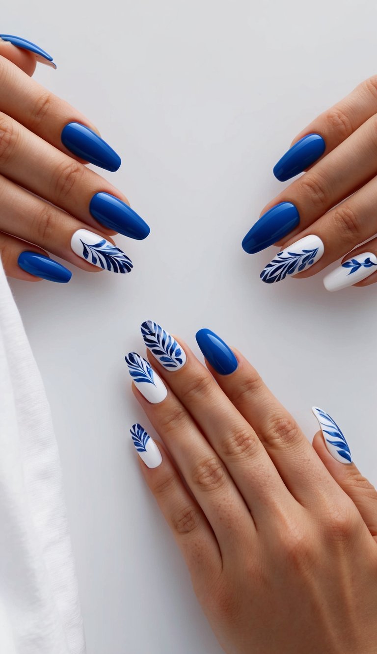 A collection of elegant blue and white nail art designs displayed on a clean, minimalist background
